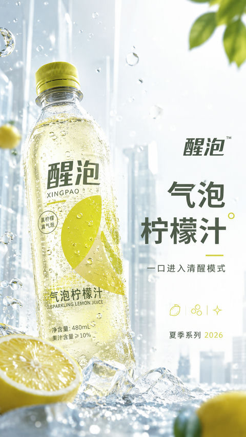 冰感气泡柠檬汁都市派开屏视觉 - AI图片提示词示例