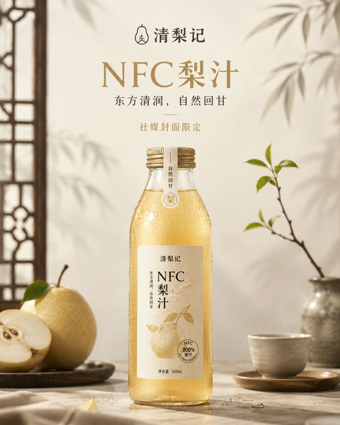 东方清润美学NFC梨汁品牌视觉大片 - AI图片提示词示例