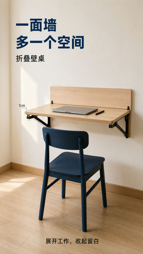 极简折叠壁桌：小户型墙面办公空间解决方案 - AI图片提示词示例