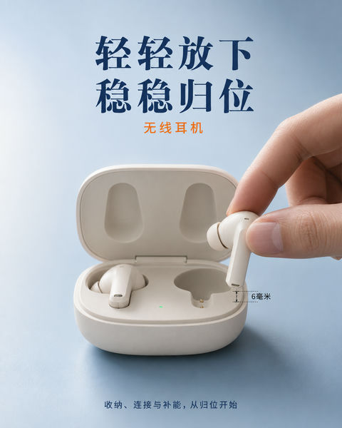 雾蓝极简美学无线耳机商业摄影海报 - AI图片提示词示例