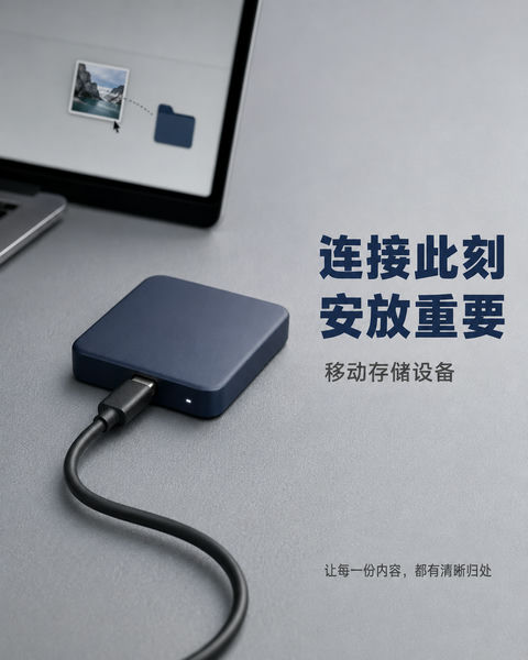 极简主义移动硬盘产品摄影海报 - AI图片提示词示例