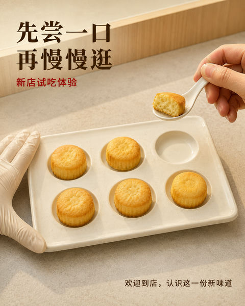 极简餐饮开业海报：先尝一口再识新店 - AI图片提示词示例