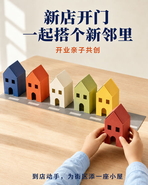 新店开业亲子共创街区纸艺海报 - AI图片提示词示例