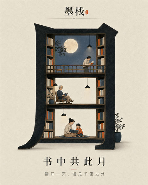 墨栈品牌中秋创意月字空间插画 - AI图片提示词示例