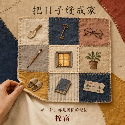 棉宿中秋拼贴插画：把日子缝成一个家 - AI图片提示词示例