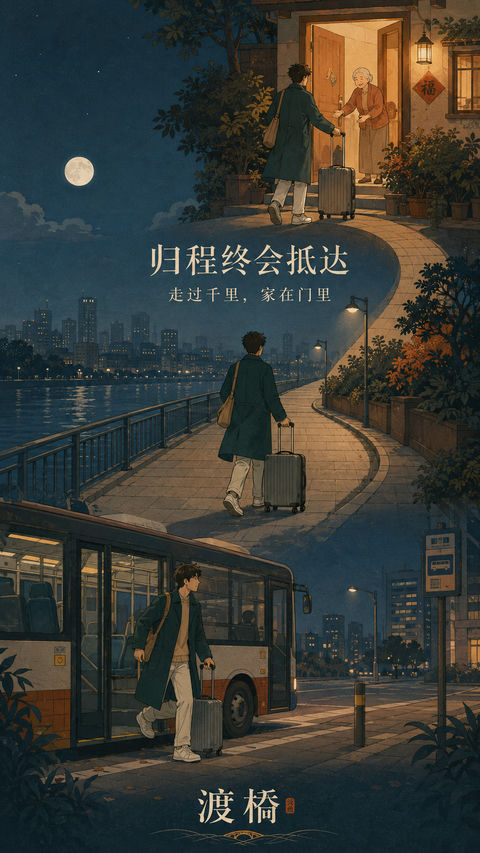 渡桥中秋温情长卷：万千归途终抵家灯 - AI图片提示词示例