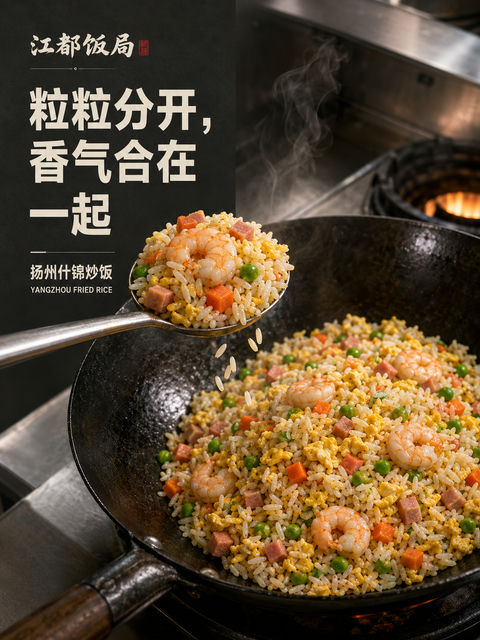 江都饭局扬州炒饭粒粒分明商业海报 - AI图片提示词示例