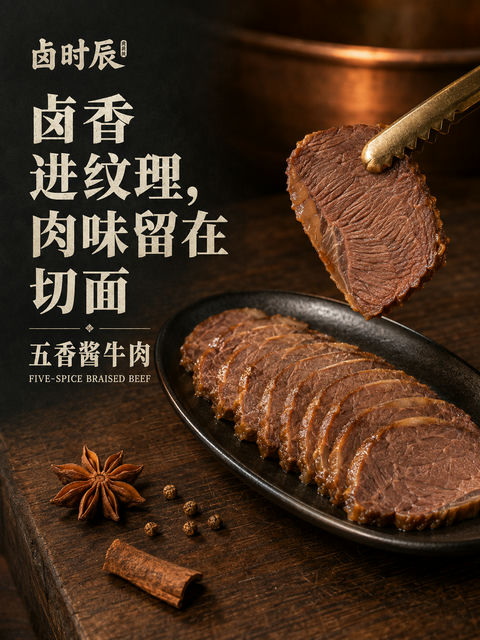 卤时辰五香酱牛肉微距美食摄影海报 - AI图片提示词示例