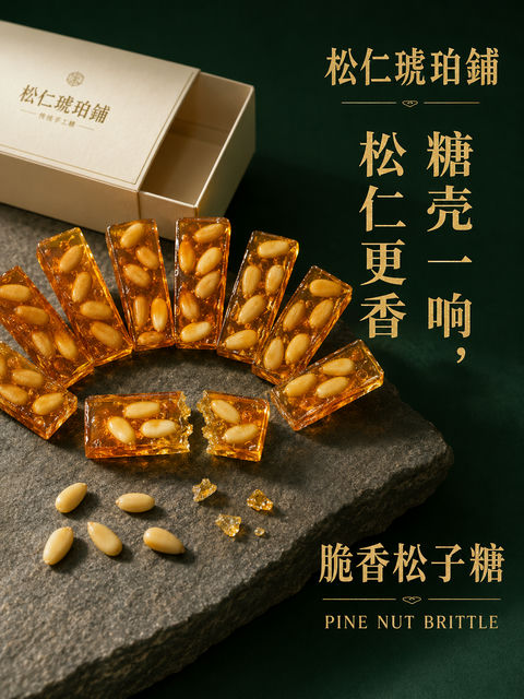 松仁琥珀铺：脆香松子糖的微距断裂美学 - AI图片提示词示例