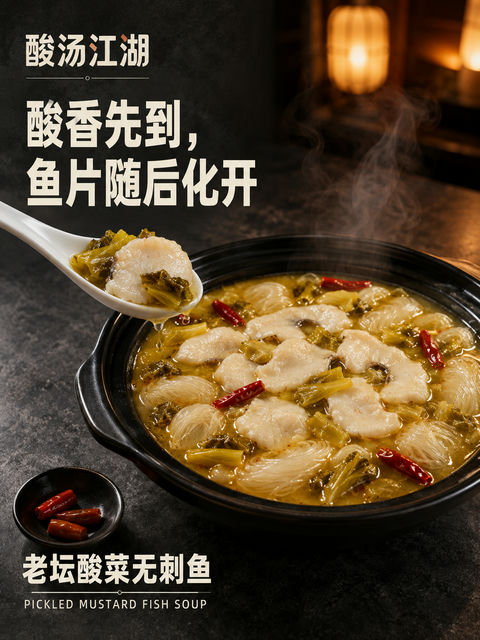 酸汤江湖：老坛酸菜无刺鱼极简食欲海报 - AI图片提示词示例