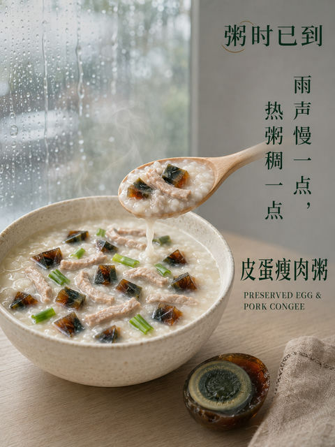 雨幕下的温热皮蛋瘦肉粥品牌海报 - AI图片提示词示例