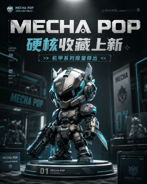 硬核机甲潮玩展陈品牌视觉KV - AI图片提示词示例