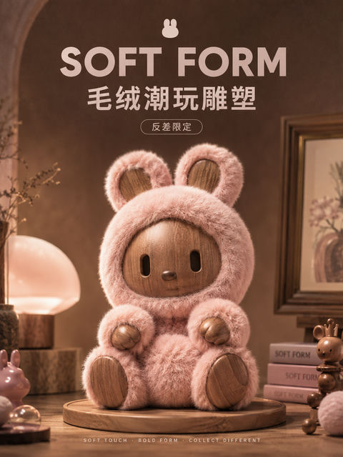 软萌潮玩雕塑品牌新品发布竖版视觉海报 - AI图片提示词示例