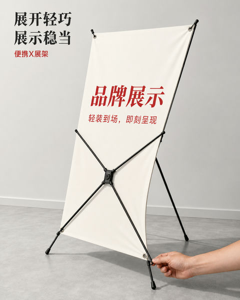 极简工业美学：便携X展架安装瞬间 - AI图片提示词示例