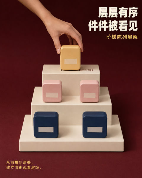秩序美学：层层有序阶梯产品展架 - AI图片提示词示例