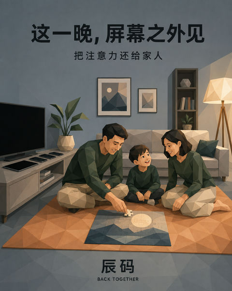 科技归隐中秋团圆低多边形插画 - AI图片提示词示例