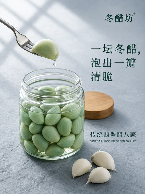 冬醋坊翡翠腊八蒜微距摄影海报 - AI图片提示词示例