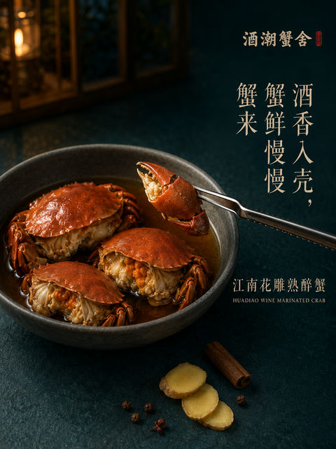 酒潮蟹舍：江南花雕熟醉蟹微距美食海报 - AI图片提示词示例