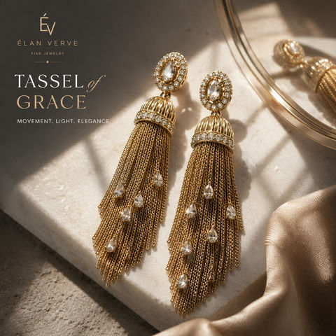 奢华香槟金流苏耳坠杂志感品牌视觉 - AI图片提示词示例