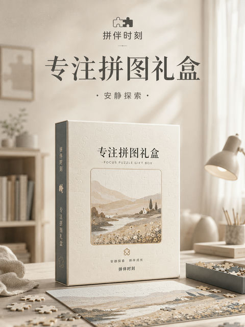 静谧空间中的拼图礼盒品牌视觉大片 - AI图片提示词示例