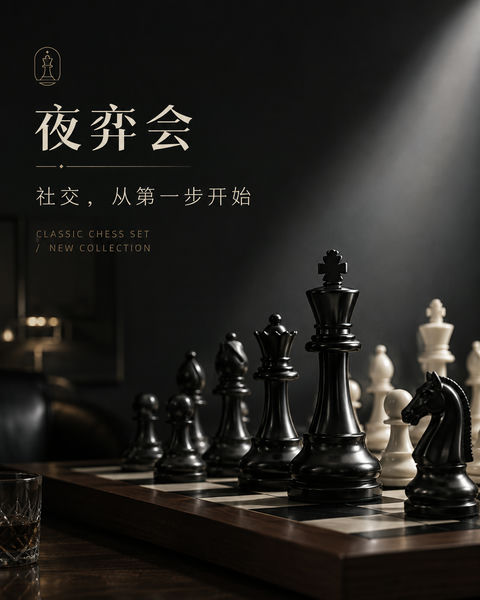 深邃光影下的国际象棋社交仪式品牌视觉 - AI图片提示词示例