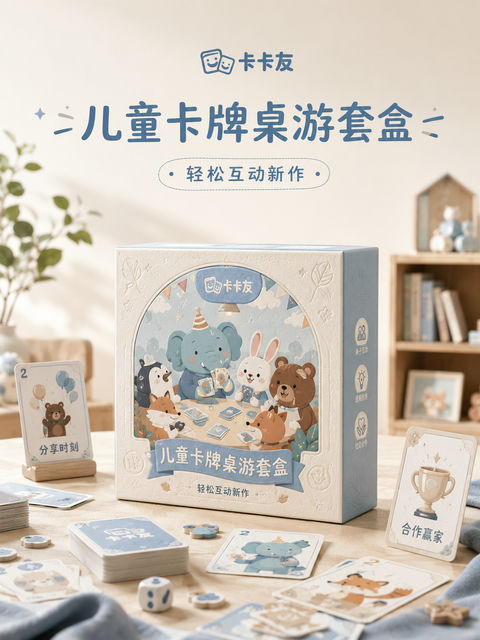 治愈系奶色调儿童桌游品牌视觉KV设计 - AI图片提示词示例