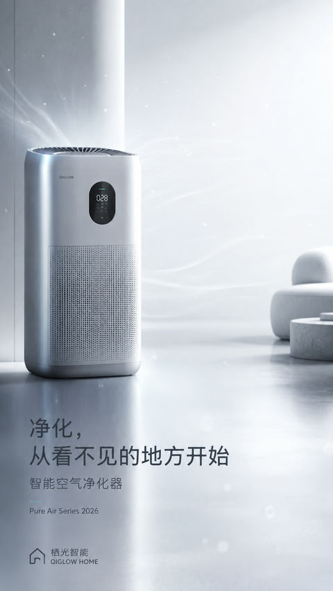 极简未来感智能净风系统品牌开屏海报 - AI图片提示词示例