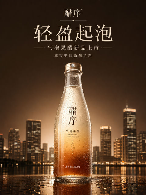 都市品质焦糖色调气泡果醋品牌视觉 - AI图片提示词示例
