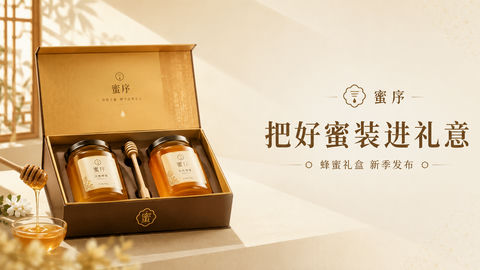 东方极简蜂蜜礼盒官网首屏品牌视觉图 - AI图片提示词示例