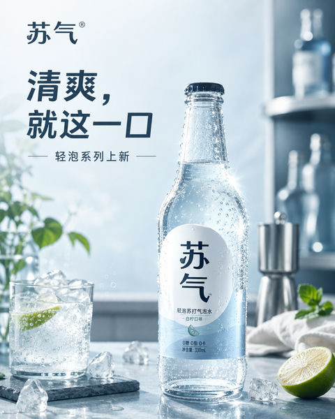 极简雾蓝苏打饮品社媒品牌视觉KV - AI图片提示词示例