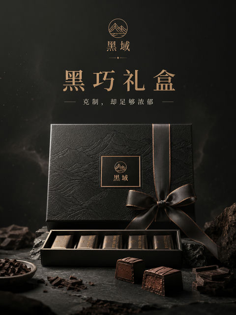 极简主义黑巧礼盒高端品牌视觉大片 - AI图片提示词示例