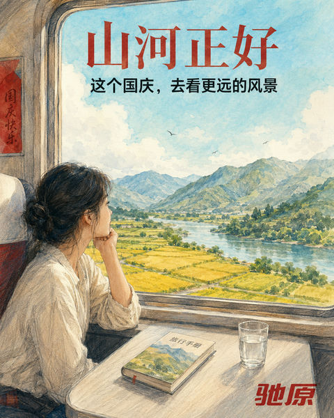 驰原国庆手绘插画：窗外的广袤山河 - AI图片提示词示例