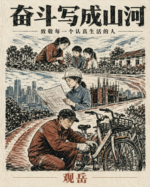 现代木刻版画致敬平凡奋斗者 - AI图片提示词示例