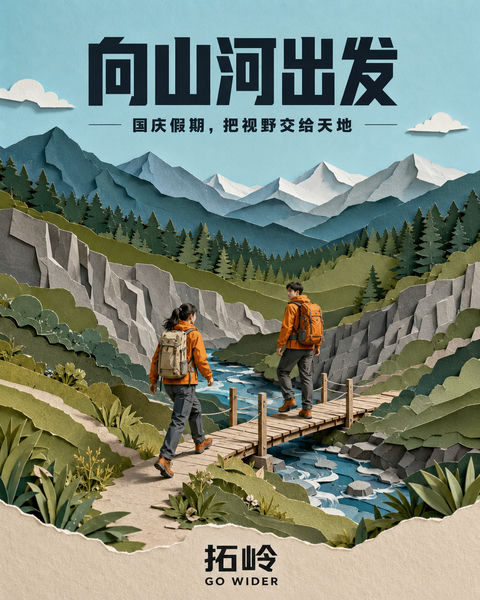 七层纸雕风格国庆户外远足插画 - AI图片提示词示例