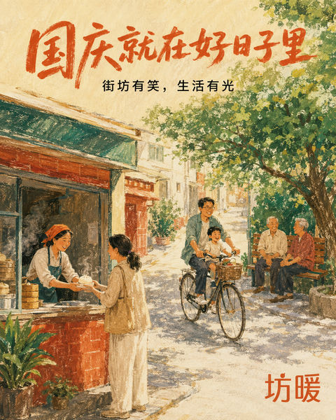 坊暖国庆插画：街巷烟火里的节日温情 - AI图片提示词示例