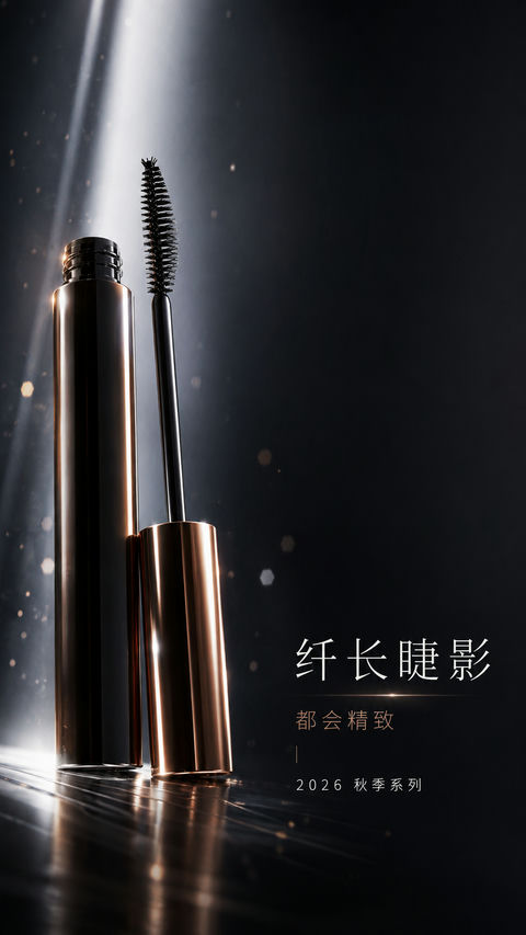都会精致黑曜金睫毛膏移动端品牌开屏 - AI图片提示词示例
