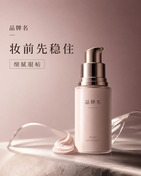 都会精致豆沙粉彩妆唇部妆前乳品牌视觉封面 - AI图片提示词示例