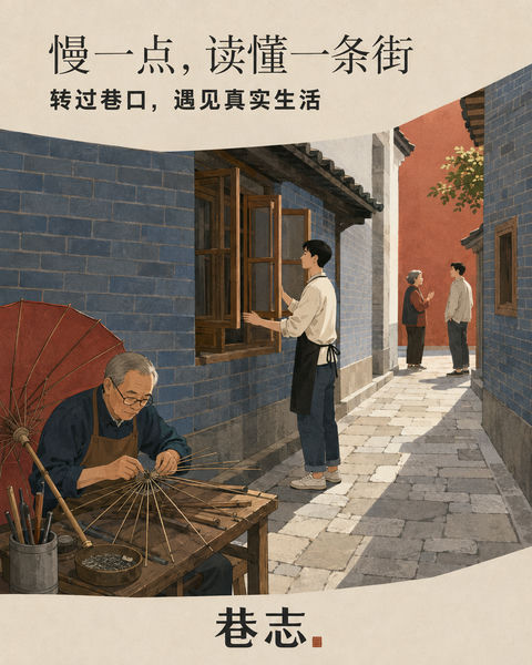 巷志品牌插画：老街里正在发生的日常 - AI图片提示词示例