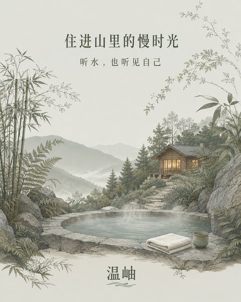 温岫山林温泉：住进山里的慢时光插画 - AI图片提示词示例