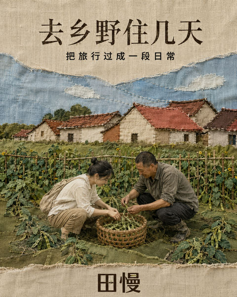 织物拼贴乡野美学：田慢品牌文旅创意海报 - AI图片提示词示例