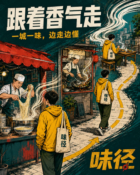味径城市美食漫游插画跟着香气识城 - AI图片提示词示例