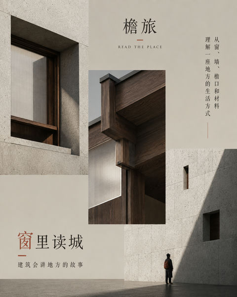檐旅品牌极简材质拼贴文旅插画 - AI图片提示词示例