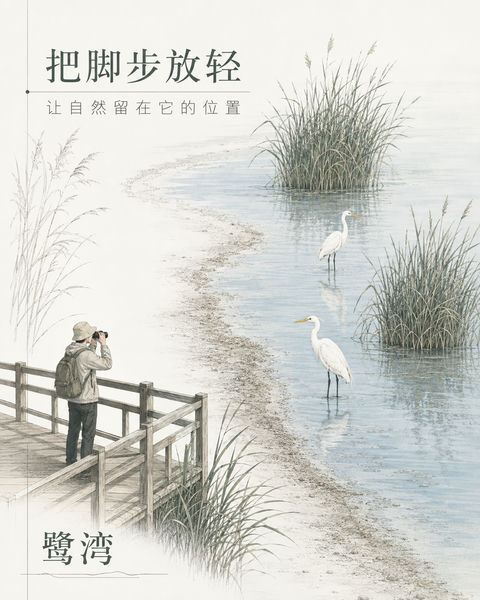鹭湾湿地观察：保持距离感受自然之美 - AI图片提示词示例