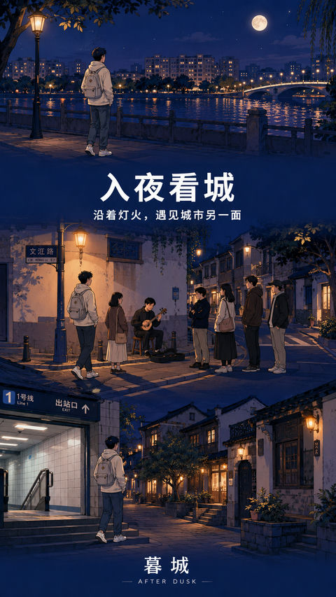 暮城夜色：三段式叙事城市漫步营销插画 - AI图片提示词示例