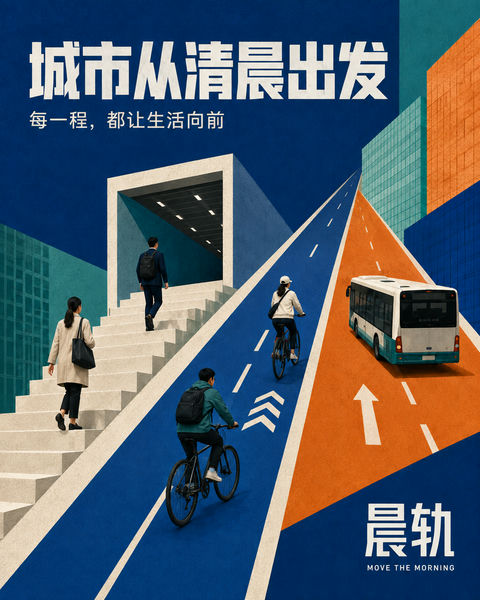 晨轨：几何拼贴风城市通勤商业插画 - AI图片提示词示例