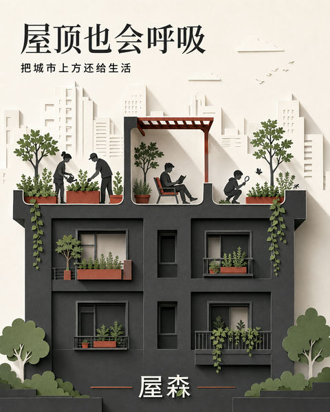屋森品牌插画：让城市屋顶自由呼吸的生态空间 - AI图片提示词示例
