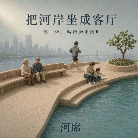 陶土质感河岸共享客厅品牌插画 - AI图片提示词示例