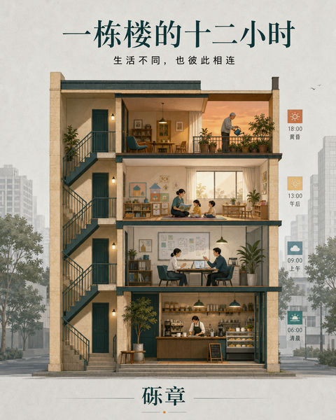 砾章品牌城市生活剖面插画设计 - AI图片提示词示例