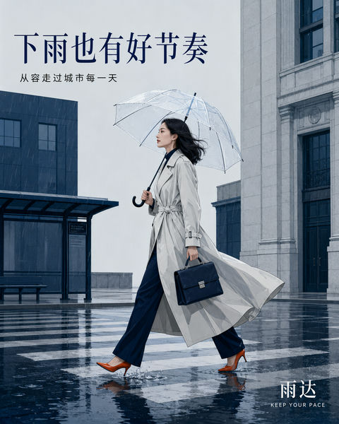雨夜都市从容漫步雨达品牌态度插画 - AI图片提示词示例
