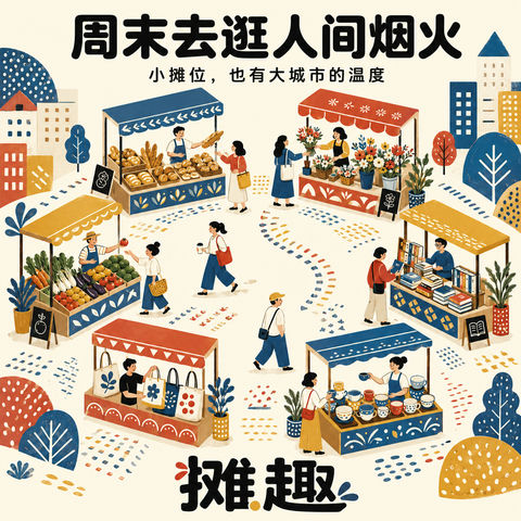 城市烟火气：摊趣品牌周末市集插画 - AI图片提示词示例